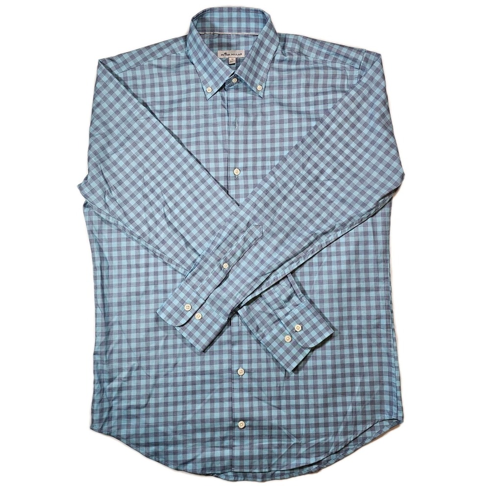 Peter Millar Gingham Plaid Long Sleeve Shirt Blue MS19W11NBL Mens M